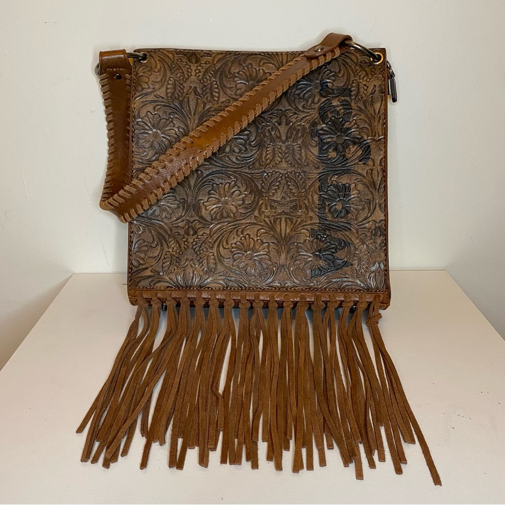 WRANGLER Floral Embossed Fringe Hobo Shoulder Bag Cowgirl PU Leather Brown